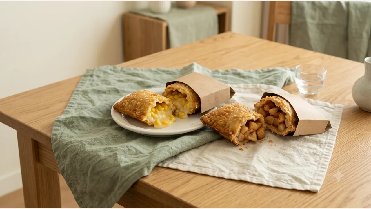 A corn pie and an apple pie on a plate with a cloth napkin on a wooden dining table
