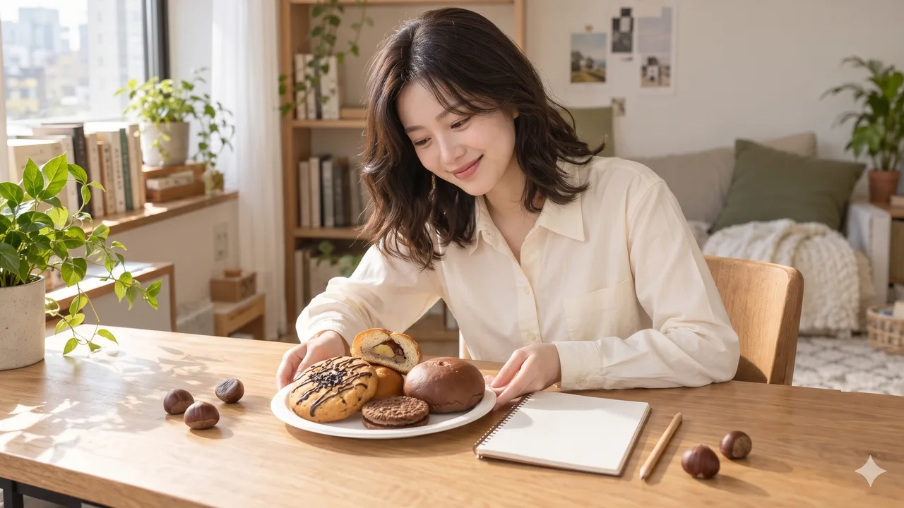 크림색 긴팔 셔츠를 입은 여성이 오크 책상 위 흰 접시에 담긴 군고구마 쿠키, 반으로 자른 밤 크림빵, 초코 샌드 쿠키, 초코 크림빵을 양손으로 살펴보는 모습, 옆에 빈 노트와 연필, 밤 몇 알