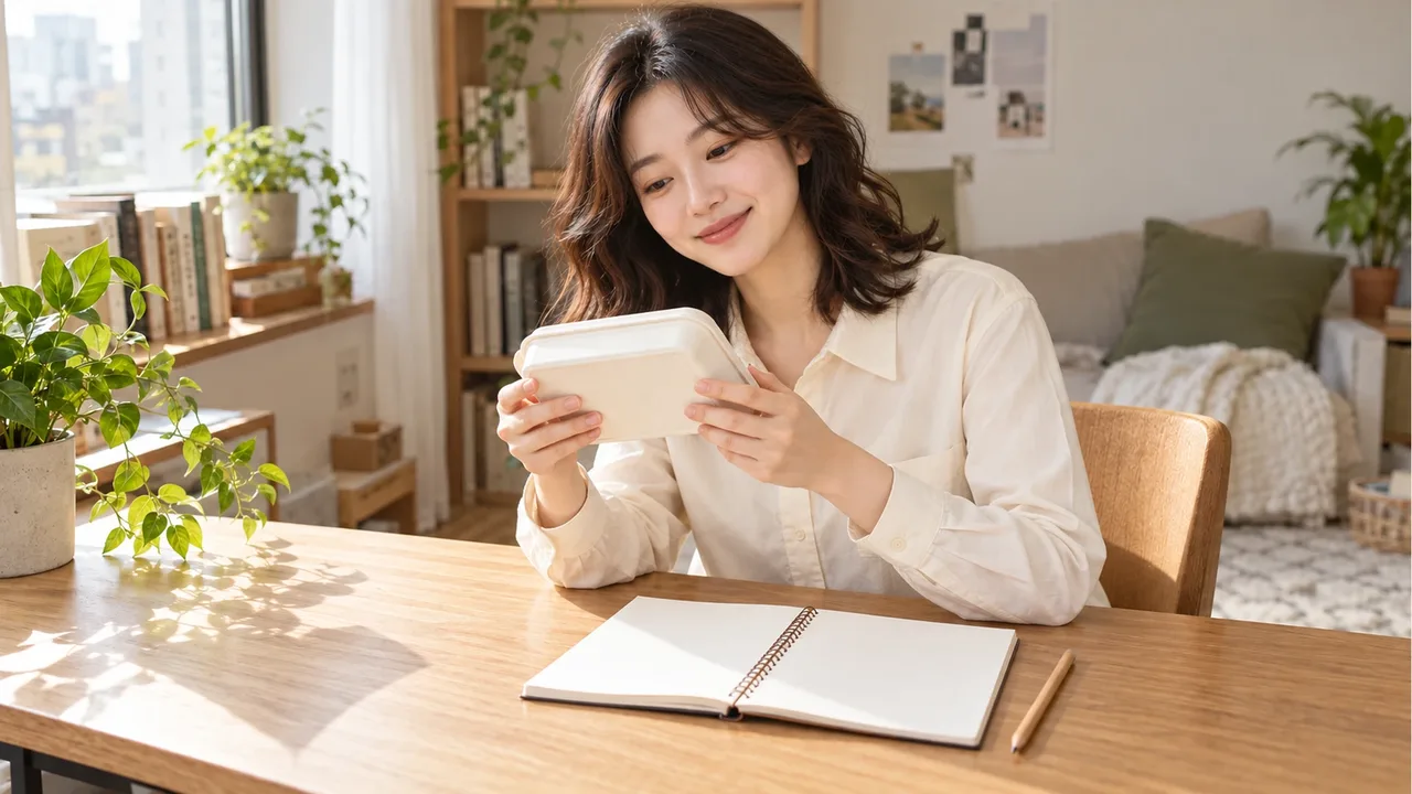 크림색 긴팔 셔츠를 입은 여성이 빈 노트와 연필이 놓인 오크 책상에서 무상표 사각 용기를 양손으로 살펴보는 모습