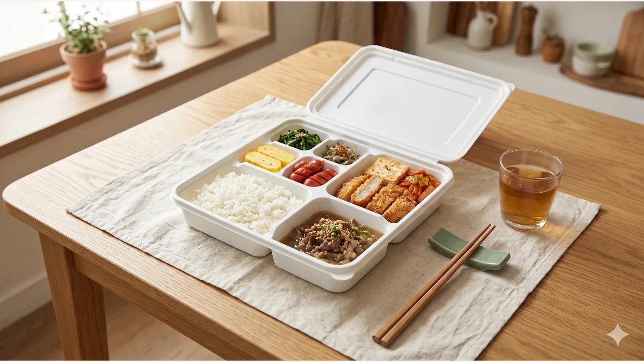 원목 식탁 위 뚜껑을 연 흰색 칸막이 도시락에 담긴 밥과 불고기, 돈가스, 계란말이, 소시지, 김치 반찬과 나무 젓가락