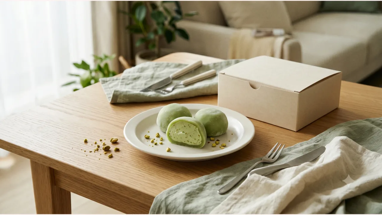 Pale green pistachio cream chapssaltteok (glutinous rice cakes) on a plate beside a paper box on a wooden table