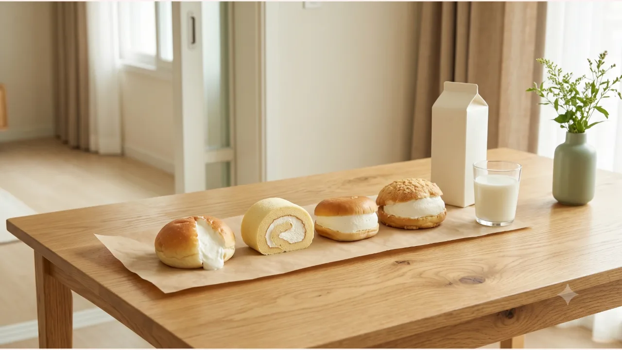 Cream bread and a roll cake side by side on parchment paper, with a milk carton and a glass of milk